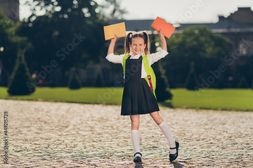 Photo of nice glad schoolgirl hands hold two copybook shiny smile wear bag school uniform street outdoors photo
