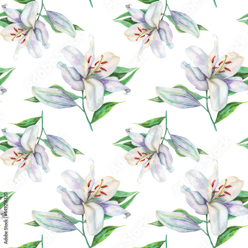 Seamless pattern with watercolor white lilies on white background