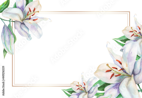 Watercolor invitation card with white lilies and golden frame