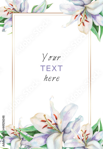 Watercolor flower composition with white lilies and golden frame