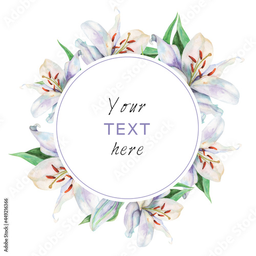 Invitation card with beautiful wreath of white lilies