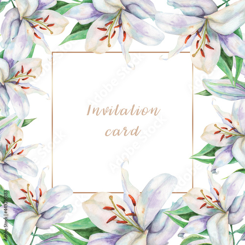 Invitation card with beautiful lilies with golden frame