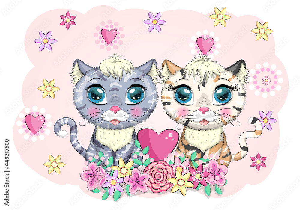 Cute cartoon cat, kitty couple in love, decorated with flowers, heart. Valentine's day concept. Cute cartoon cat, kitty couple in love, decorated with flowers, heart. Valentine's day concept.