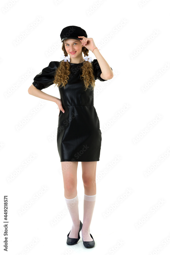Pretty girl in strict black dress and cap Pretty girl in strict black dress and cap