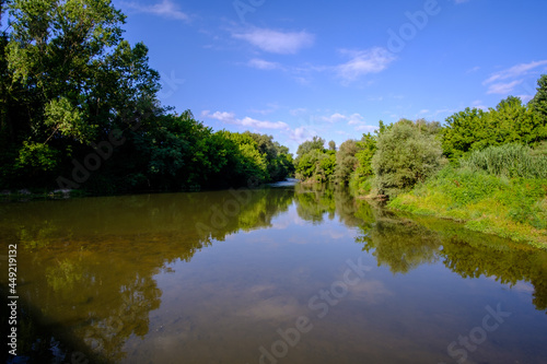 Wide river water landscape on a green forest under a blue sunny sky