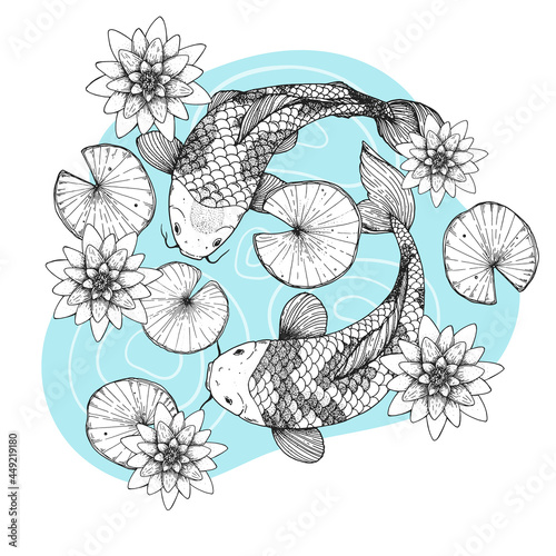 Koi carps swim in water with lilies. Vector illustration. Tattoo print. Hand drawn illustration for t-shirt print, fabric and other uses.