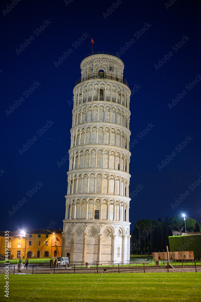 leaning tower of Pisa on Piazza dei Miracoli in Pisa during the blue hour