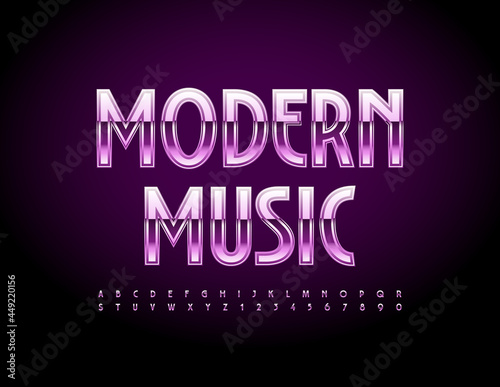 Vector stylish banner Modern Music. Elegant violet Font. Shiny artistic Alphabet Letters and Numbers set