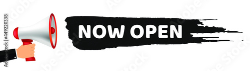 Vector Illustration black brush stroke now open With Megaphone. Web Element.