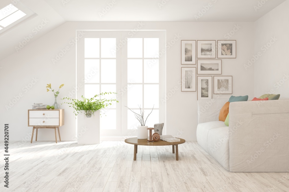 Fototapeta premium White living room with sofa. Scandinavian interior design. 3D illustration
