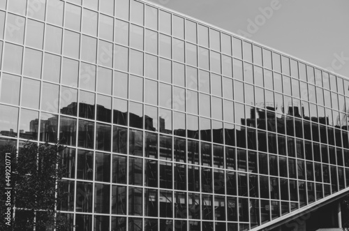 glass and steel building facade in Winnipeg, Manitoba, Canada - black and white