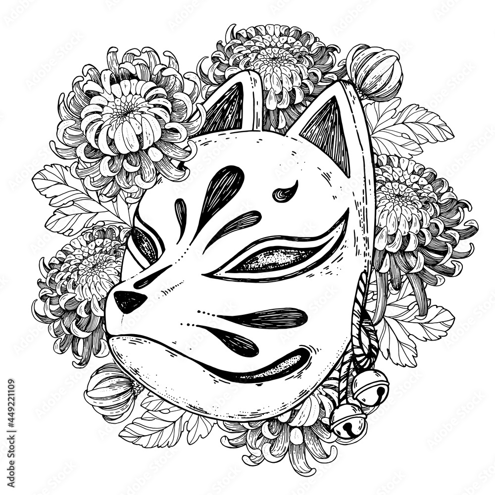Kitsune mask with chrysanthemum flowers hand drawn vector illustration.  Traditional japanese demon. Tattoo print. Hand drawn illustration for  t-shirt print, fabric and other uses. vector de Stock | Adobe Stock