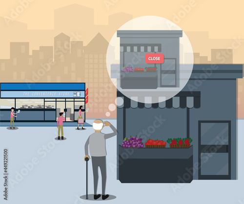 Flat of business concept,The senior owner standing in sad mood and see his store close - vector