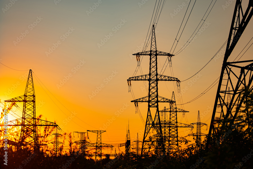 Big constructions of electric energy. Silhouette of electric distribution.