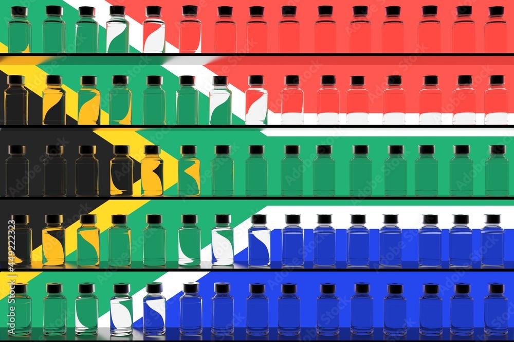 Glass vaccine vials on the shelves and flag of South Africa. Vaccination related conceptual 3D rendering Glass vaccine vials on the shelves and flag of South Africa. Vaccination related conceptual 3D rendering