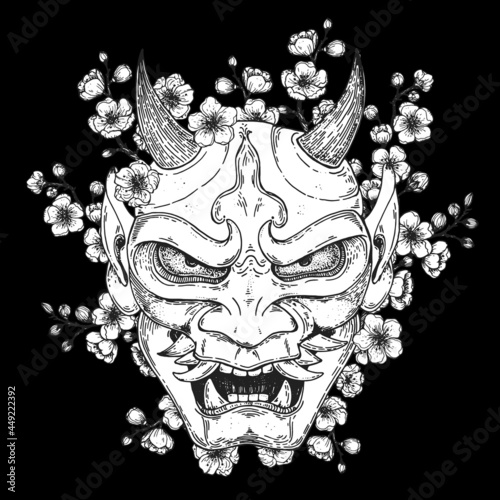 Hannya mask with sakura flowers hand drawn vector illustration. Traditional japanese demon. Tattoo print. Hand drawn sketch illustration for t-shirt print, fabric and other uses.