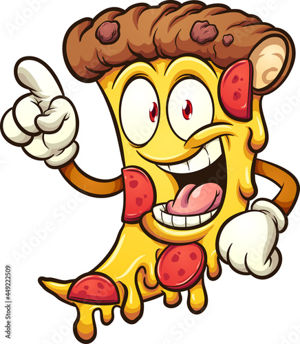 Happy slice of pepperoni pizza holding a finger up. Vector clip art illustration with simple gradients. All on a single layer. 

