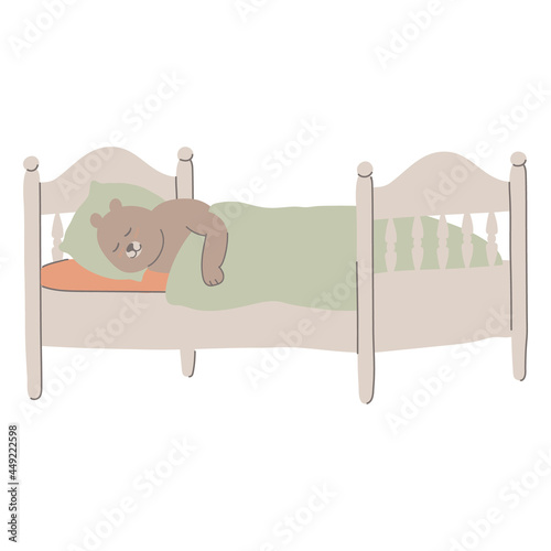 Cute baby bear is sleeping in his bed. Happy sweet little boy. Concept with character in flat style.