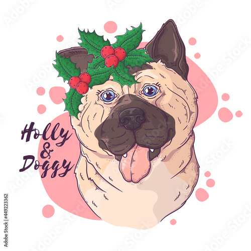 Hand drawn dog portrait with Christmas accessories Vector