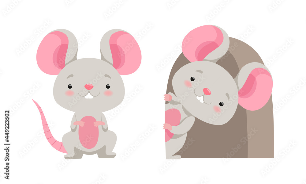 Cute Grey Mouse Character Sitting and Peeped Out from Hole Vector Set Cute Grey Mouse Character Sitting and Peeped Out from Hole Vector Set