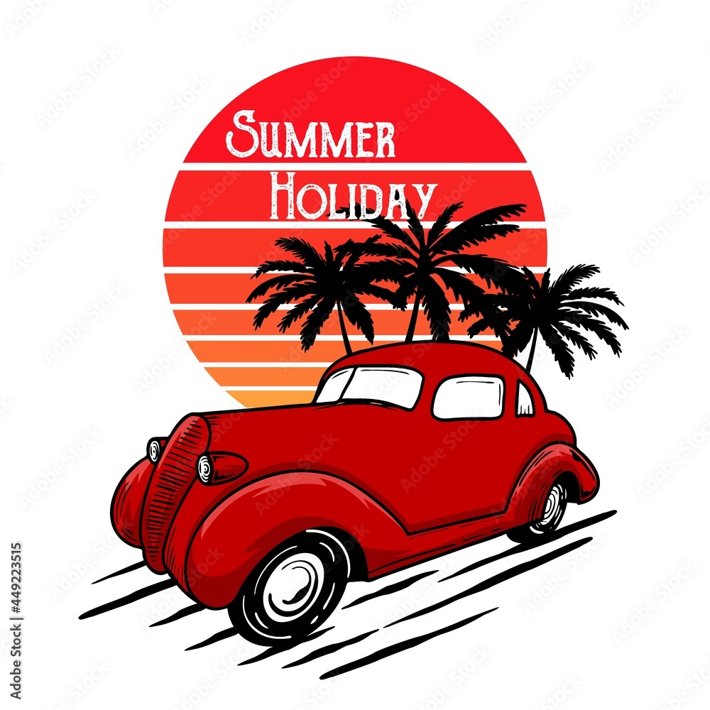 Classic Car Beach typography for t-shirt print with palm,beach and car.Vintage poster.