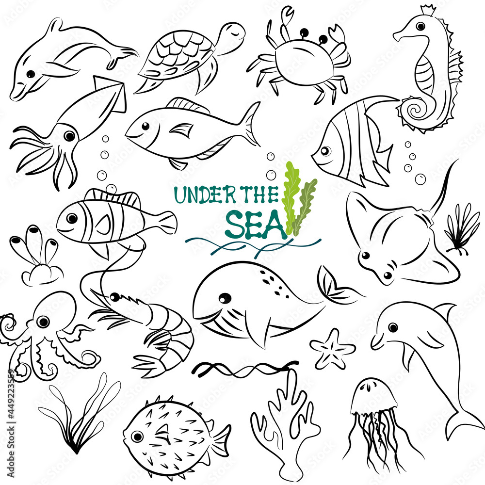 Set of life animals doodles under the sea. Hand drawn illustration on white back ground.