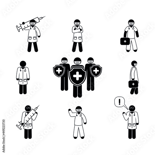 Doctors icon set, medical workers stick figure.