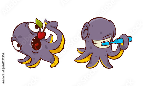 Funny Purple Octopus Character with Tentacles Brushing Teeth and Eating Cherry Vector Set