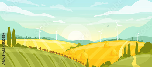 Agriculture and farming. Vector horizontal rural landscape with field, hills, trees, mountain, sunrise. Autumn fall fields farming illustration. Eco summer village concept. Alternative energy resource