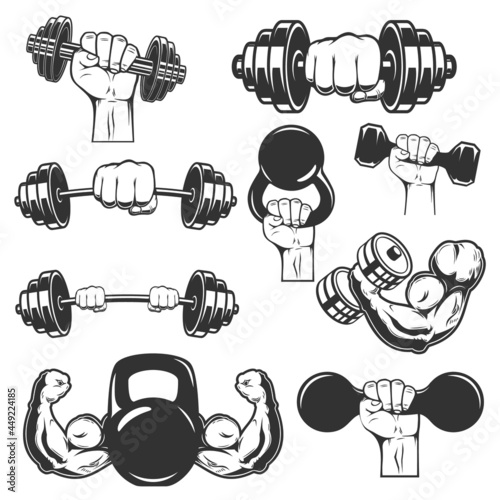 Set of illustrations of athlete hand with dumbbell, kettlebell. Design element for poster, card, banner, sign. Vector illustration