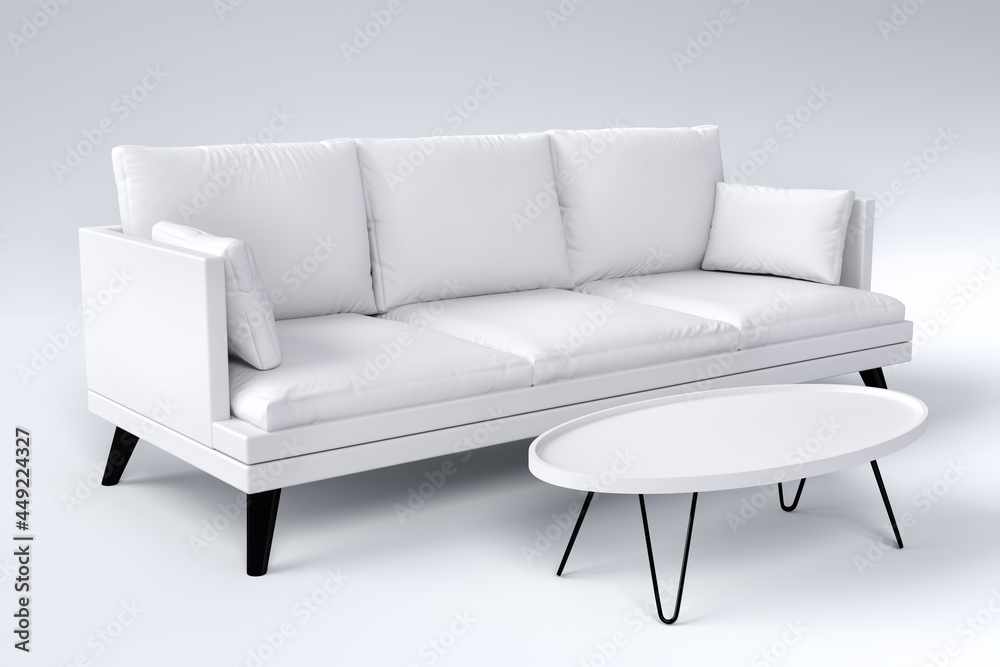 Fototapeta premium Monochrome couch with pillows on studio white background.