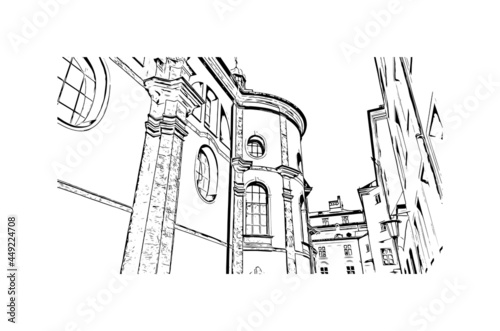 Building view with landmark of Innsbruck is the 
city in Austria. Hand drawn sketch illustration in vector.