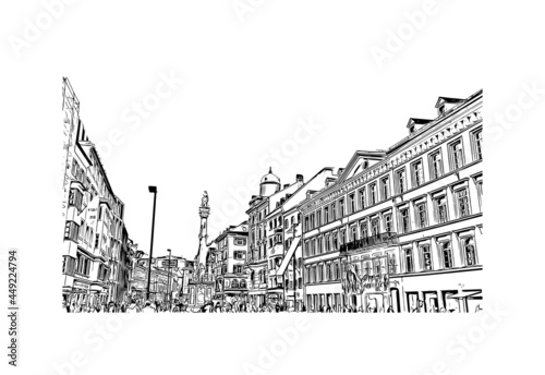Building view with landmark of Innsbruck is the 
city in Austria. Hand drawn sketch illustration in vector.