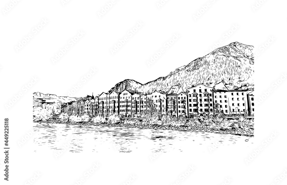 Building view with landmark of Innsbruck is the 
city in Austria. Hand drawn sketch illustration in vector. - obrazy, fototapety, plakaty 
