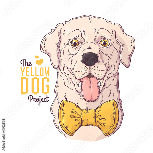 Hand drawn dog portrait with yellow ribbon Vector.