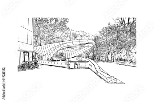 Building view with landmark of Innsbruck is the 
city in Austria. Hand drawn sketch illustration in vector.