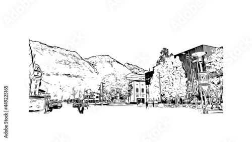 Building view with landmark of Innsbruck is the 
city in Austria. Hand drawn sketch illustration in vector.