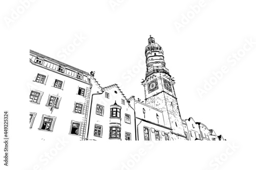 Building view with landmark of Innsbruck is the 
city in Austria. Hand drawn sketch illustration in vector.