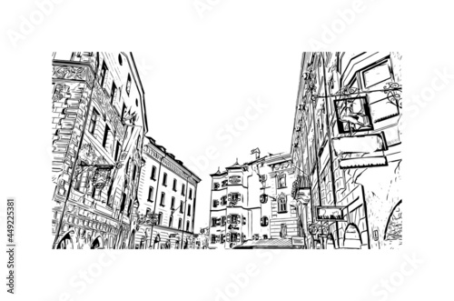 Building view with landmark of Innsbruck is the 
city in Austria. Hand drawn sketch illustration in vector.