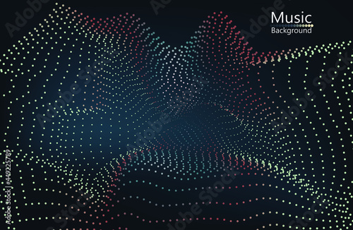 Abstract Music background. Big Data Particle Flow Visualisation. Science infographic futuristic illustration. Sound wave. Sound visualization