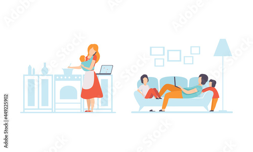 Man and Woman Parent Working from Home and Nursing Children Combining Job and Family Duty Vector Set