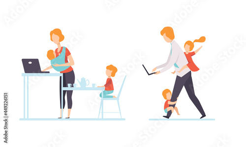 Man and Woman Parent Working from Home and Nursing Children Combining Job and Family Duty Vector Set