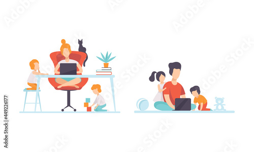 Man and Woman Parent Working from Home and Nursing Children Combining Job and Family Duty Vector Set