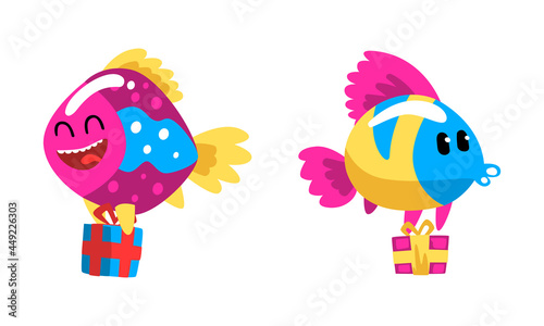 Funny Fish Character Floating with Gift Box Celebrating Holiday Vector Set