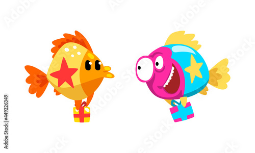 Funny Fish Character Floating with Gift Box Celebrating Holiday Vector Set