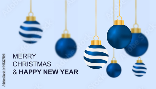 Colorful christmas balls hanging with motion blur effect. Happy New Year and Merry Christmas postcard on light blue background. Blue bauble balls hanging on ribbon. Flat cartoon vector illustration