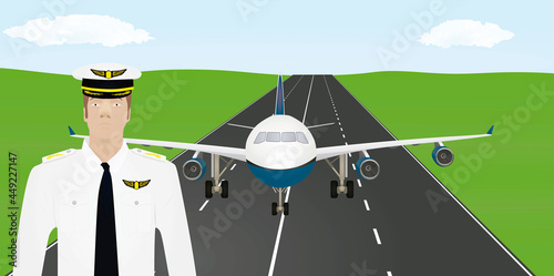 Captain in front of airplane. vector