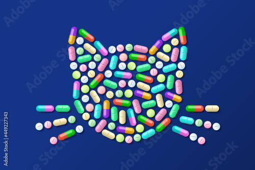 Colored pills and tablets are combined in silhouette of cat face