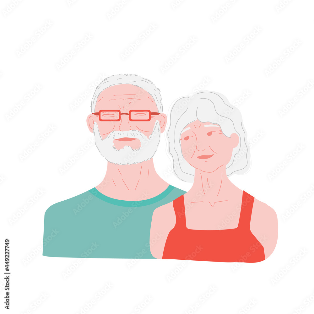 elderly man and woman. family of pernsioners. elderly married lovers. grandmother and grandfather. stock vector flat cartoon illustration isolated on white background. elderly man and woman. family of pernsioners. elderly married lovers. grandmother and grandfather. stock vector flat cartoon illustration isolated on white background.