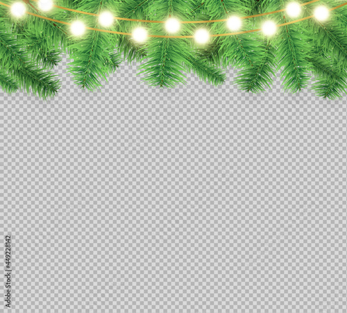 Christmas tree frame with gold garlands from above, Decorations for the new year, Isolated on transparent background